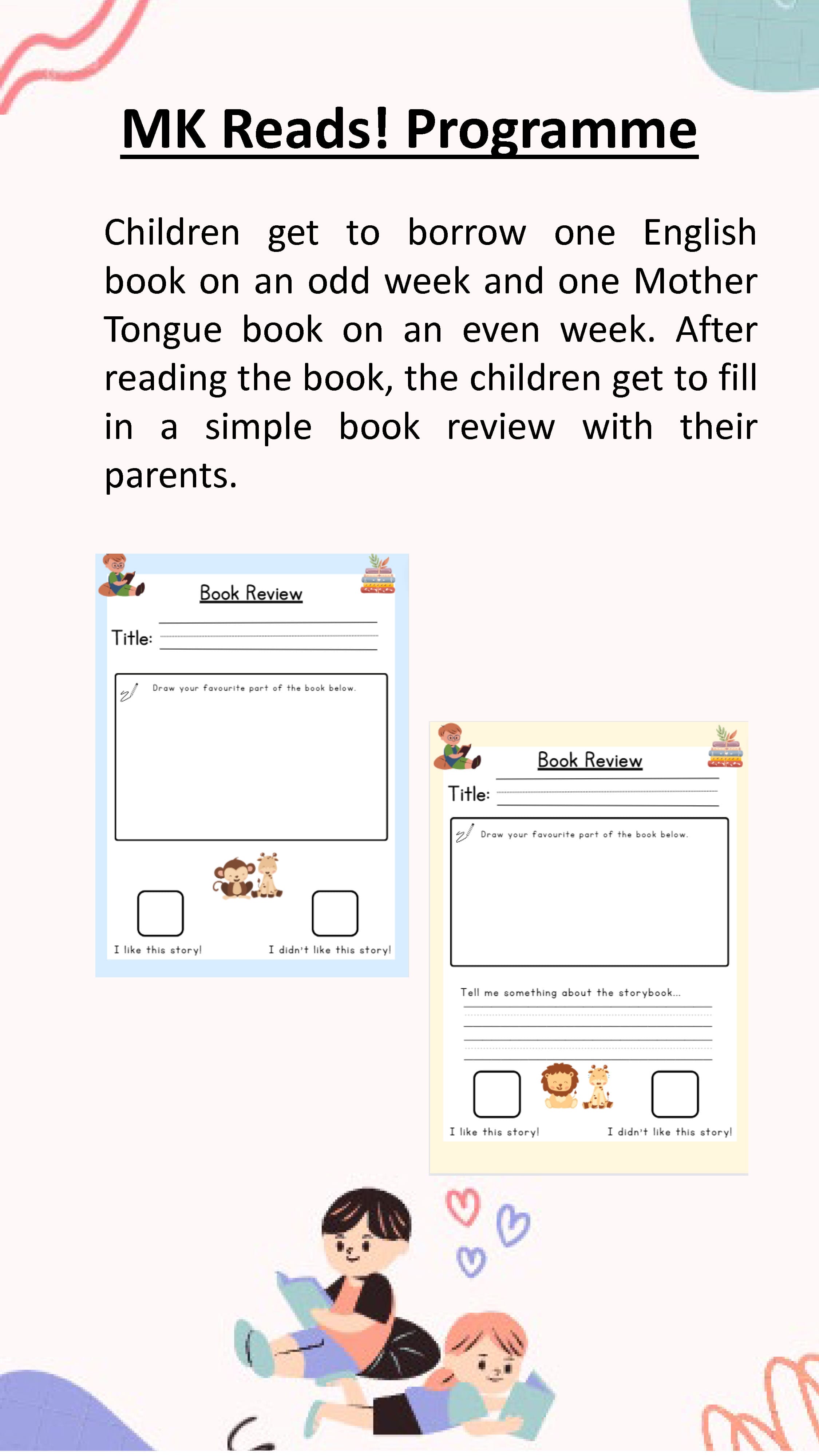Children complete simple book reviews with their parents, reflecting on stories and building literacy through shared reading.